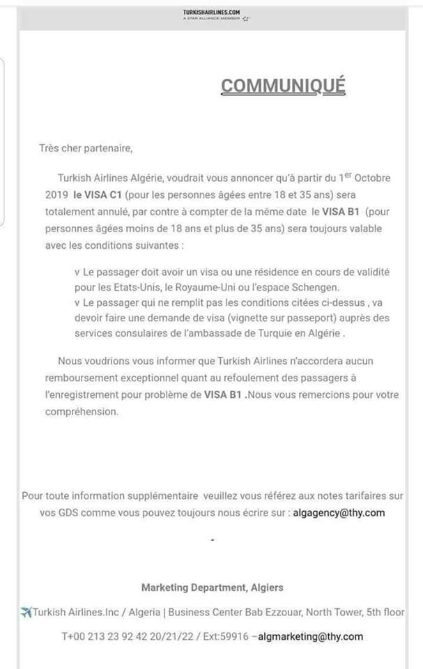 Visa Electronique vers la Turquie C1 (entre 18 ans & 35ans) sont annuler B1 (moins de 18ans & plus de 35ans) sont toujours disponible