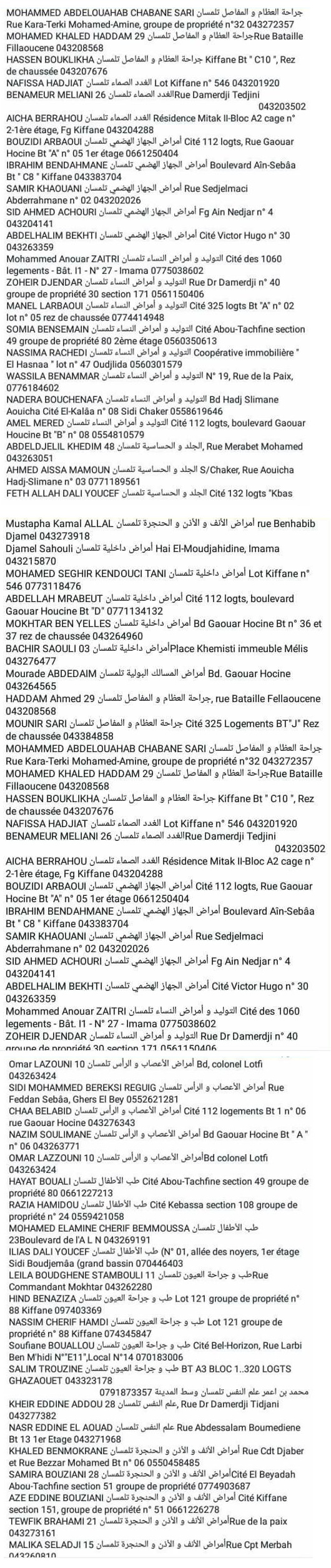 دليل وارقام اطباء ولاية تلمسان في مختلف الاختصاصات