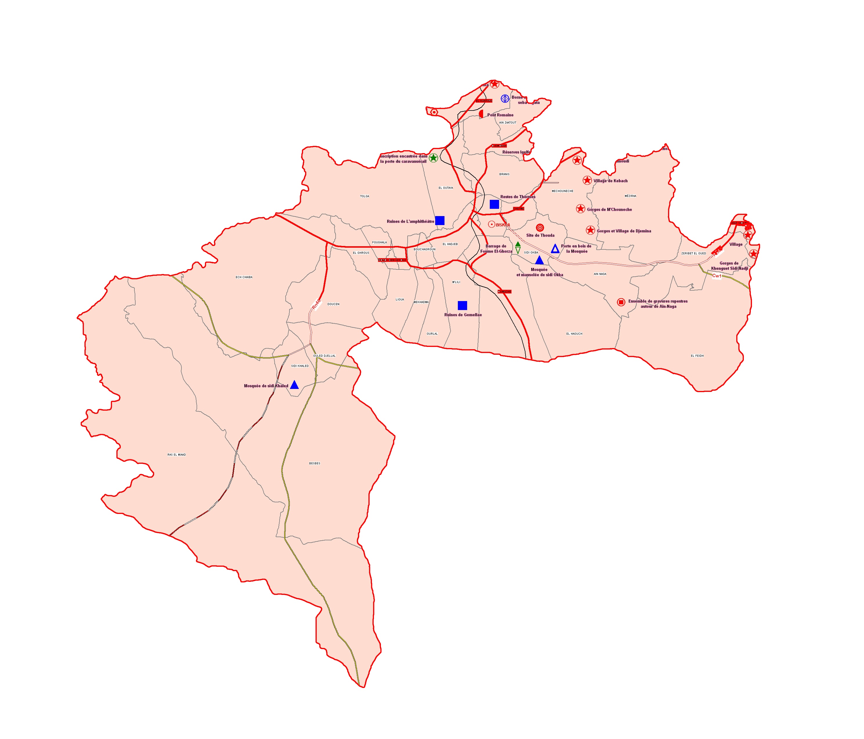 Wilaya de Biskra : Carte des sites et monuments historiques et patrimoine culturel