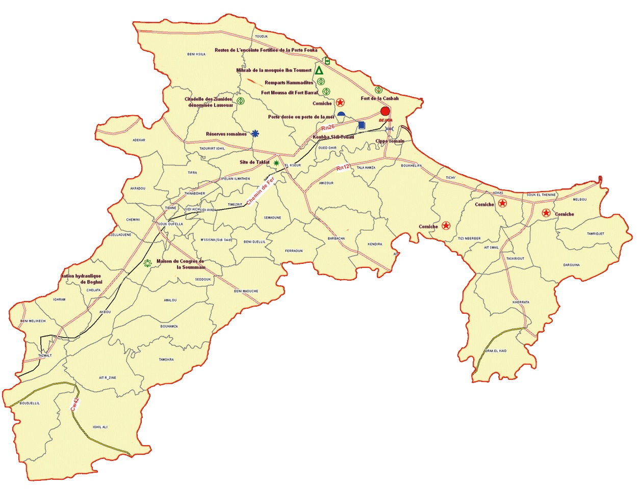 Wilaya de Béjaïa : Carte des sites et monuments historiques et patrimoine culturel