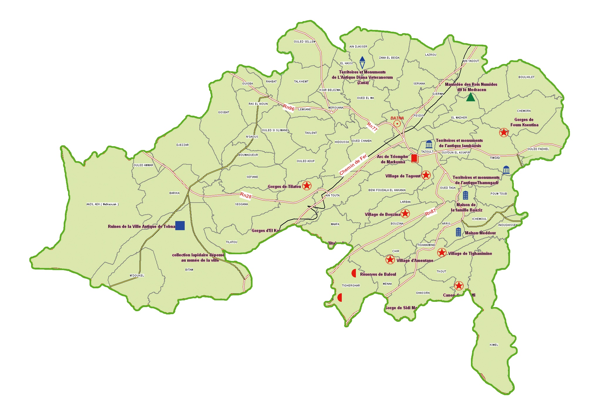 Wilaya de Batna : Carte des sites et monuments historiques et patrimoine culturel