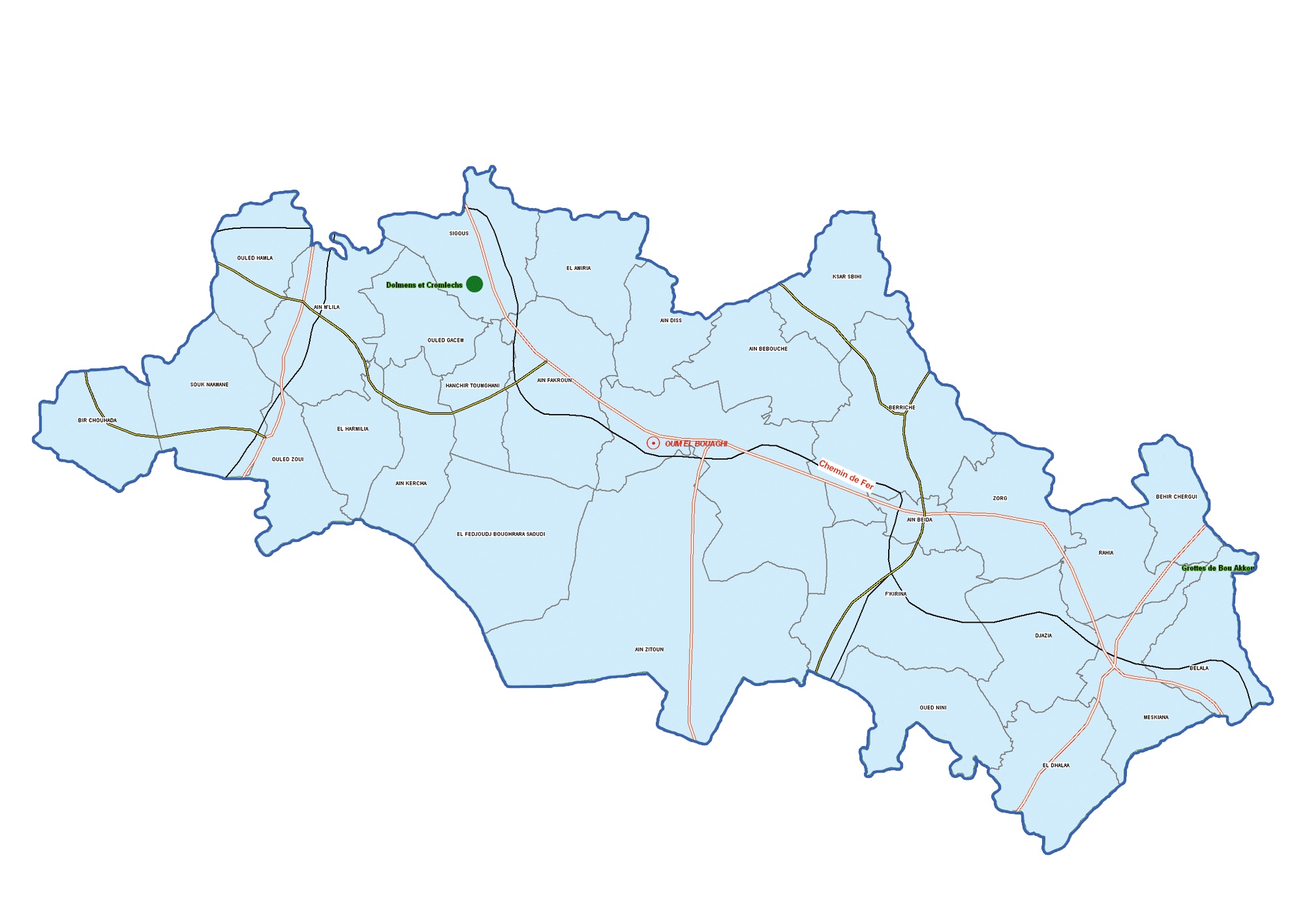 Wilaya de Oum El Bouaghi : Carte des sites et monuments historiques et patrimoine culturel