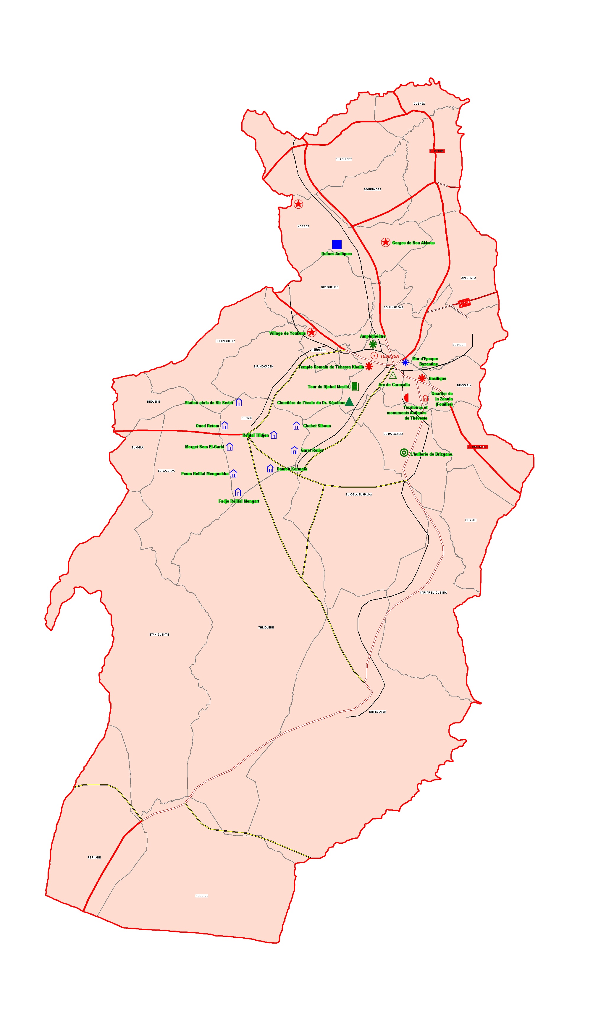 ولاية تبسة: خريطة المواقع التاريخية والآثار والتراث الثقافي