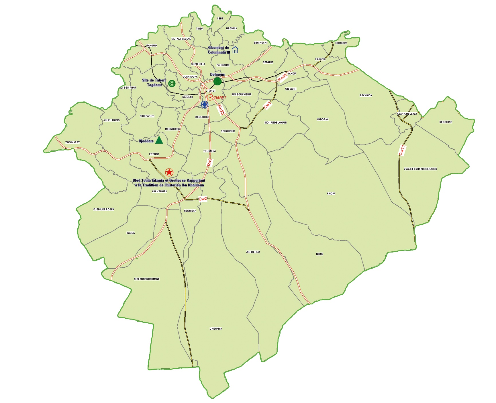 Wilaya de Tiaret : Carte des sites et monuments historiques et patrimoine culturel