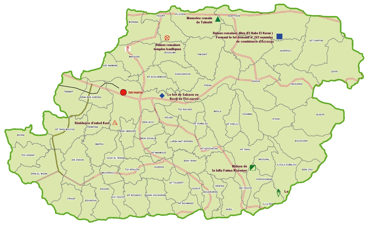 Wilaya de Tizi Ouzou : Carte des sites et monuments historiques et patrimoine culturel
