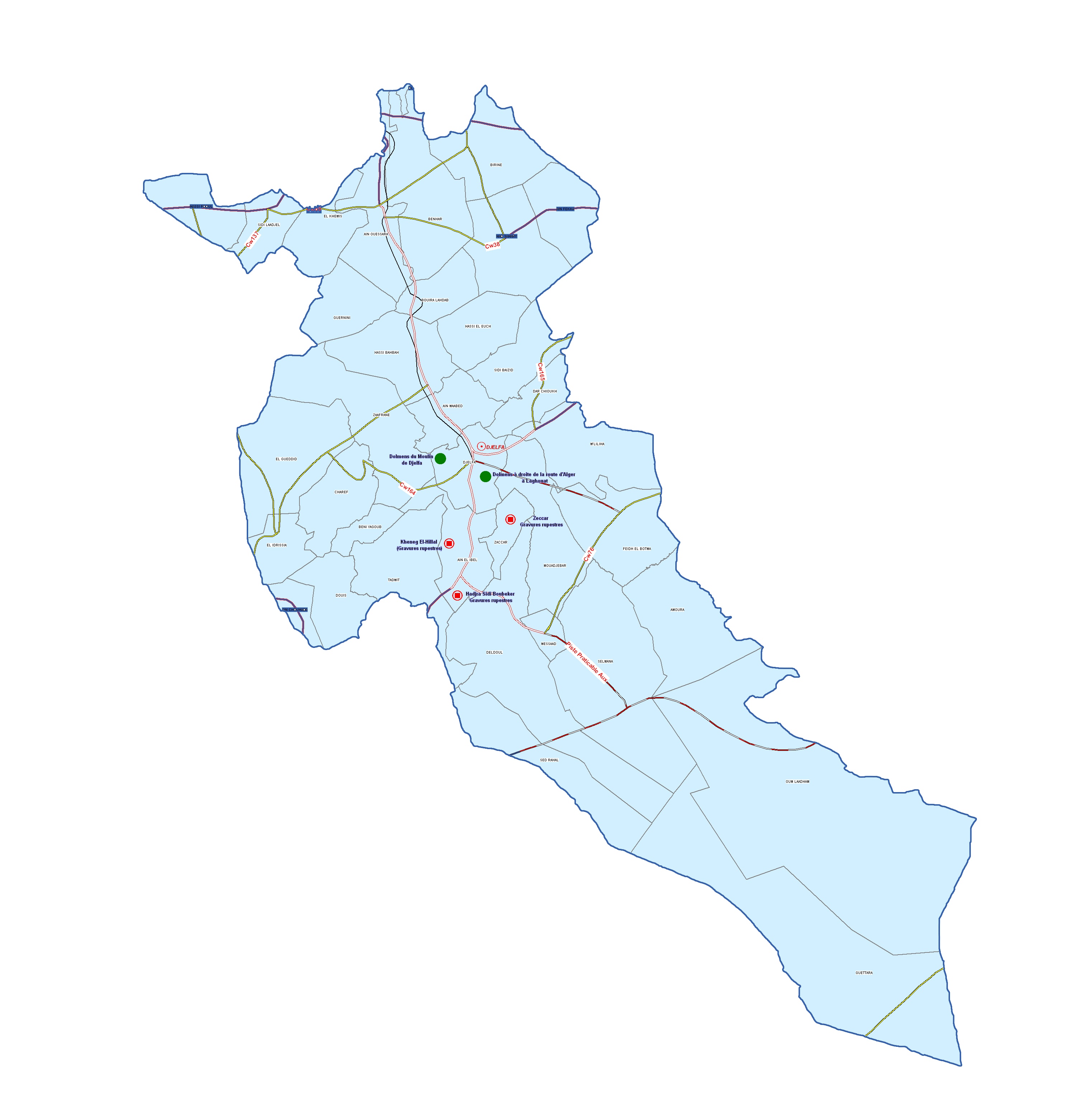 Wilaya de Djelfa : Carte des sites et monuments historiques et patrimoine culturel