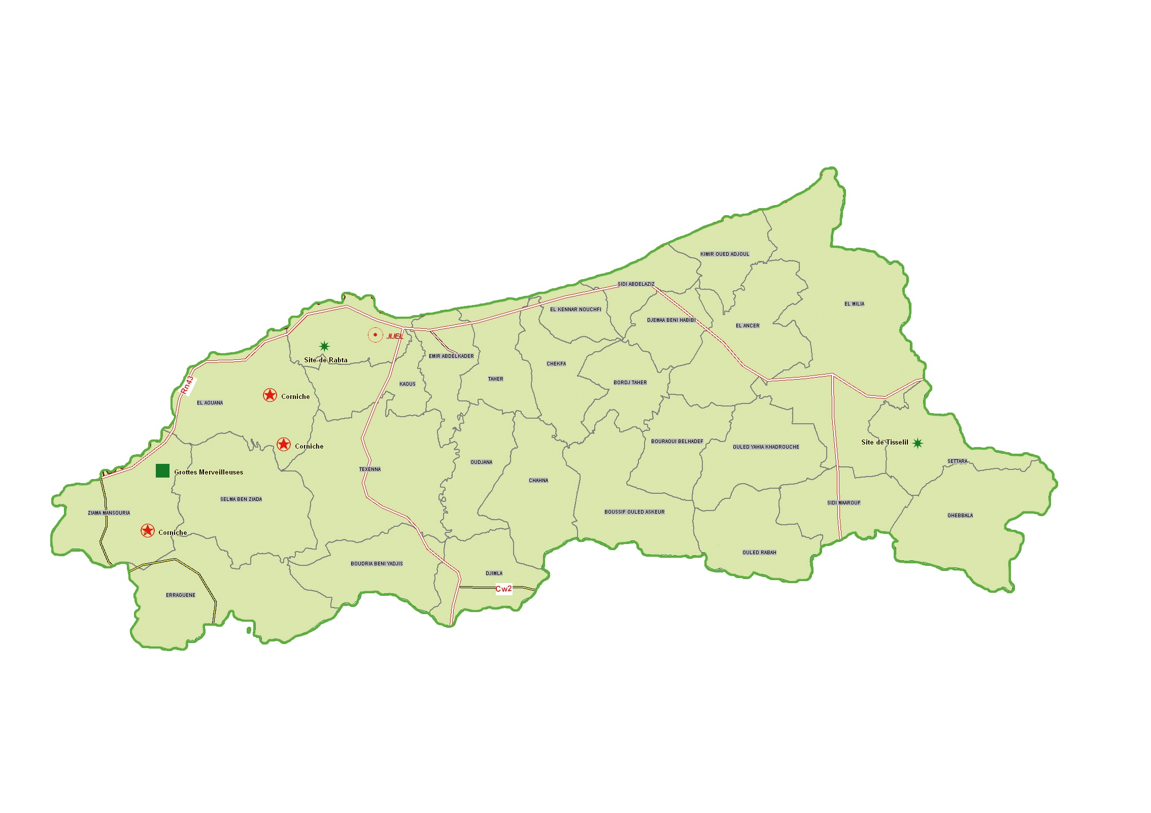 Wilaya de Jijel : Carte des sites et monuments historiques et patrimoine culturel