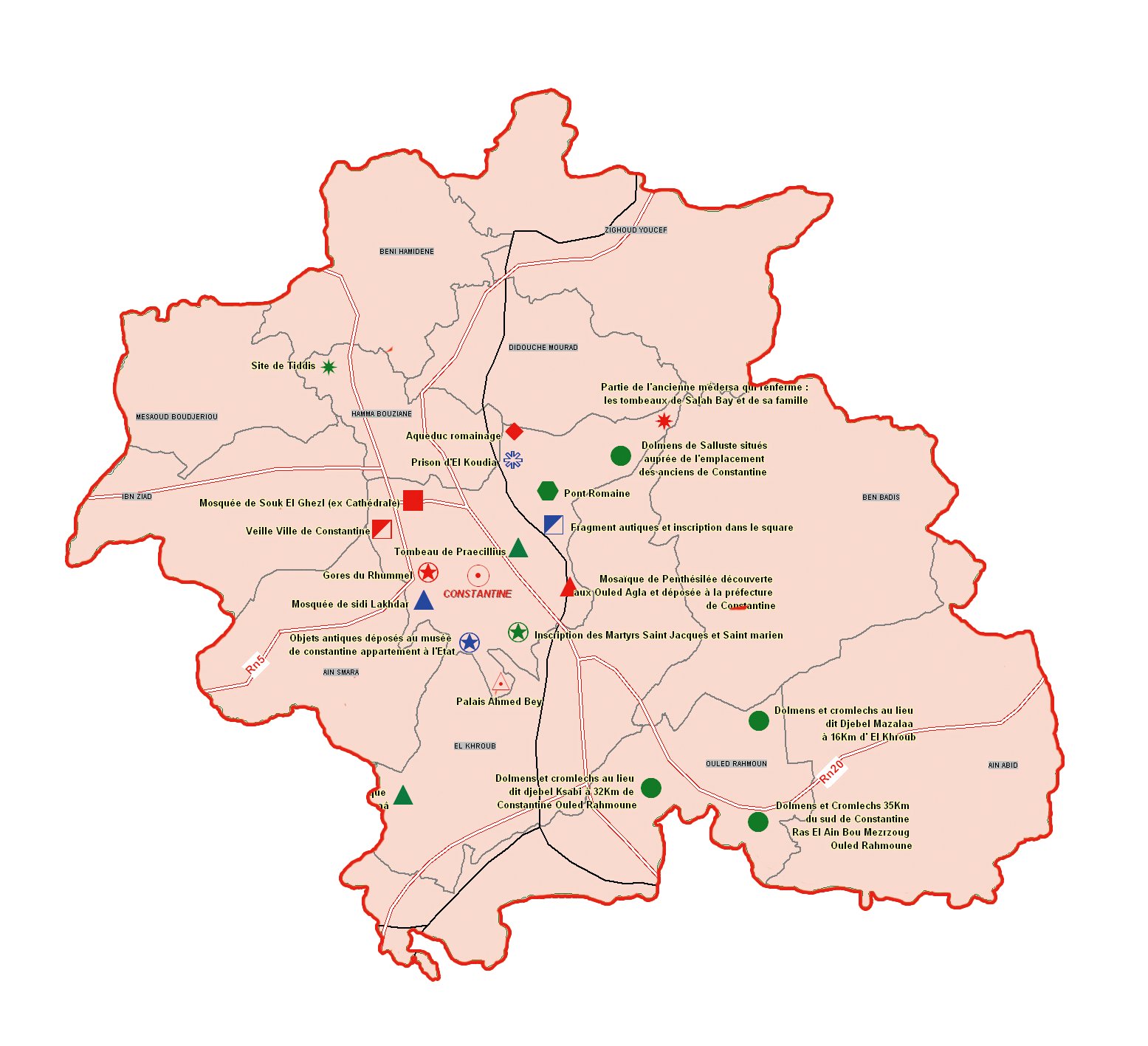 Wilaya de Constantine : Carte des sites et monuments historiques et patrimoine culturel