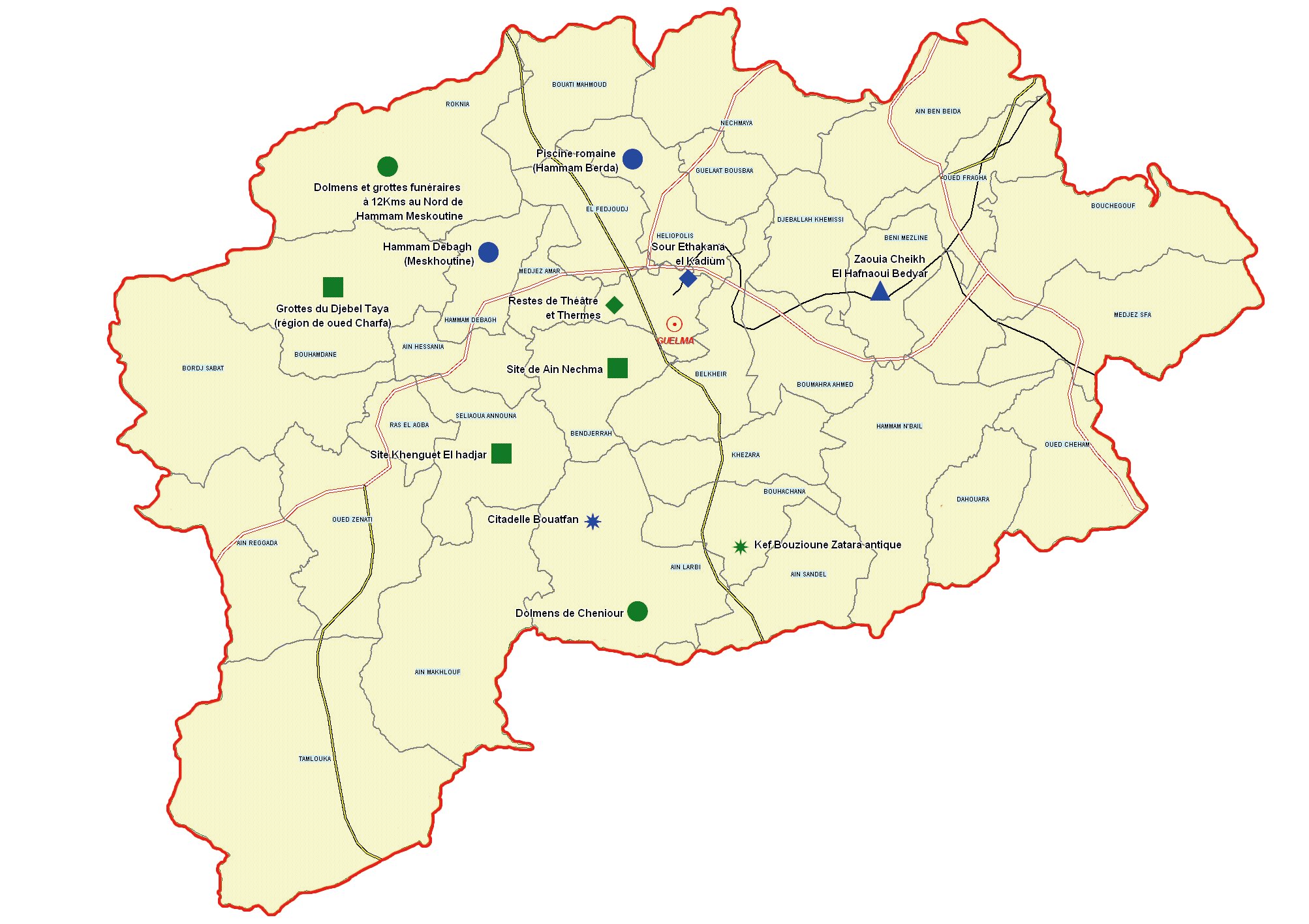 Wilaya de Guelma : Carte des sites et monuments historiques et patrimoine culturel