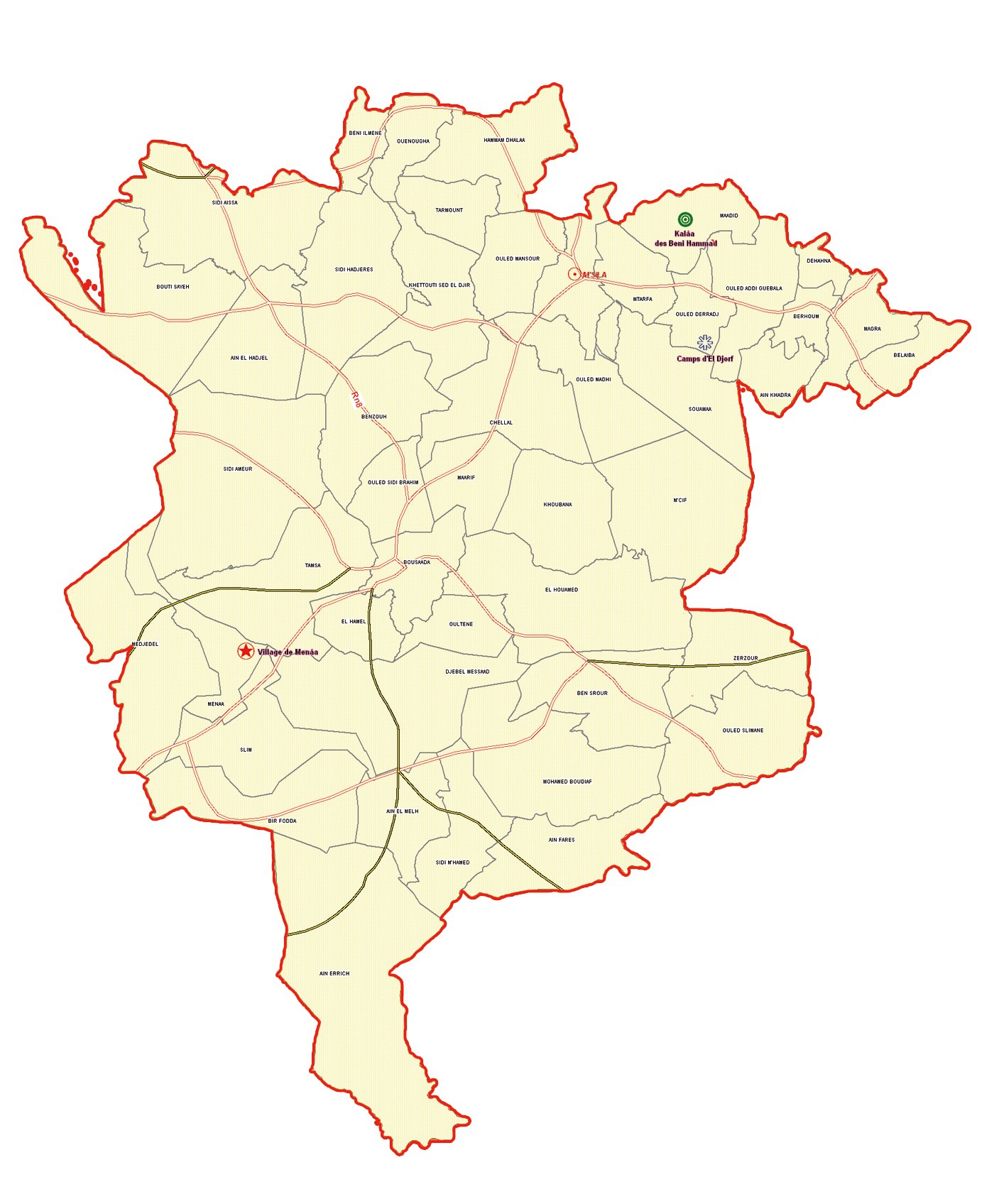 Wilaya de Msila : Carte des sites et monuments historiques et patrimoine culturel