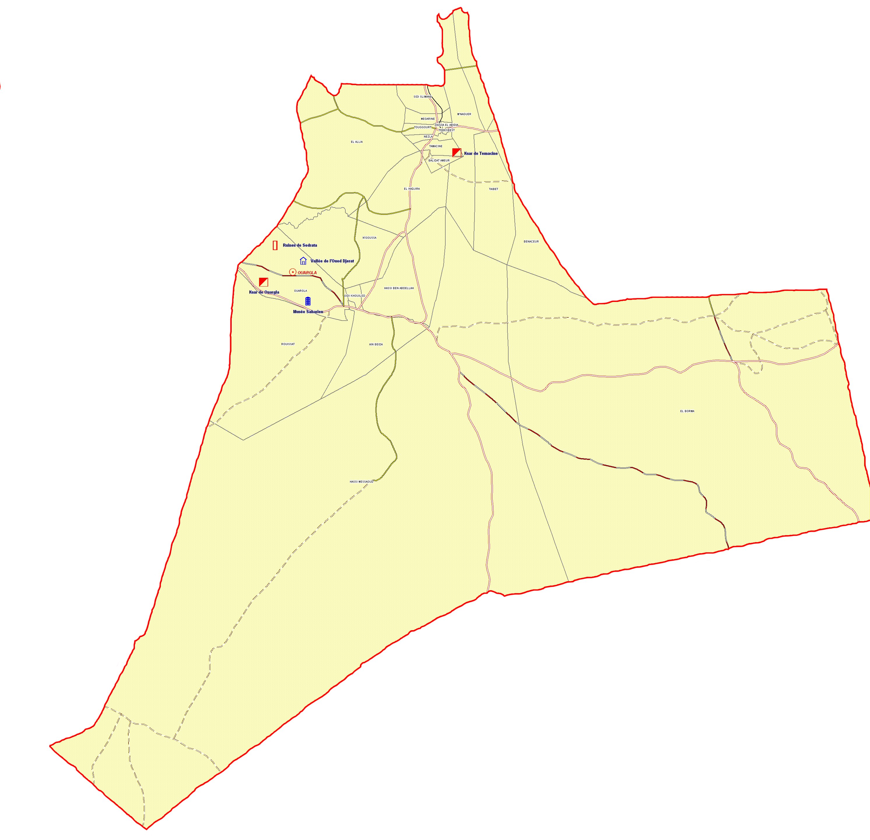 Wilaya de Ouargla : Carte des sites et monuments historiques et patrimoine culturel