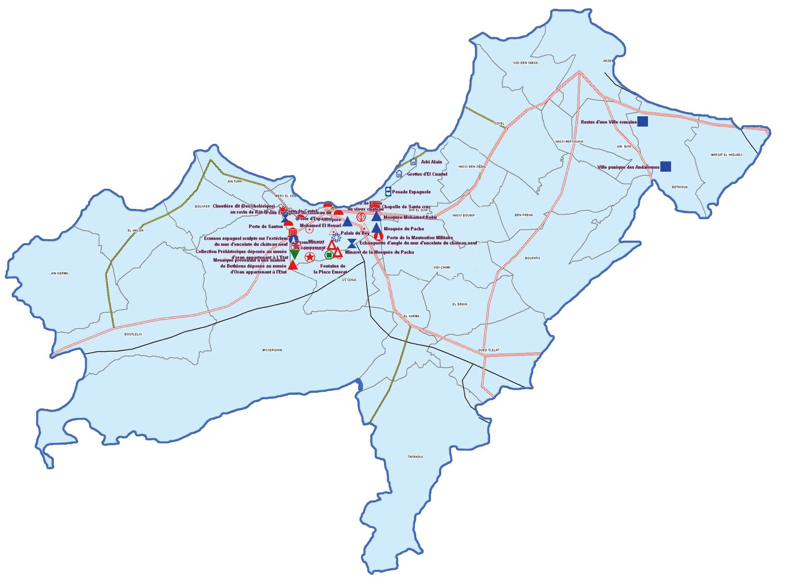 Wilaya d'Oran : Carte des sites et monuments historiques et patrimoine culturel
