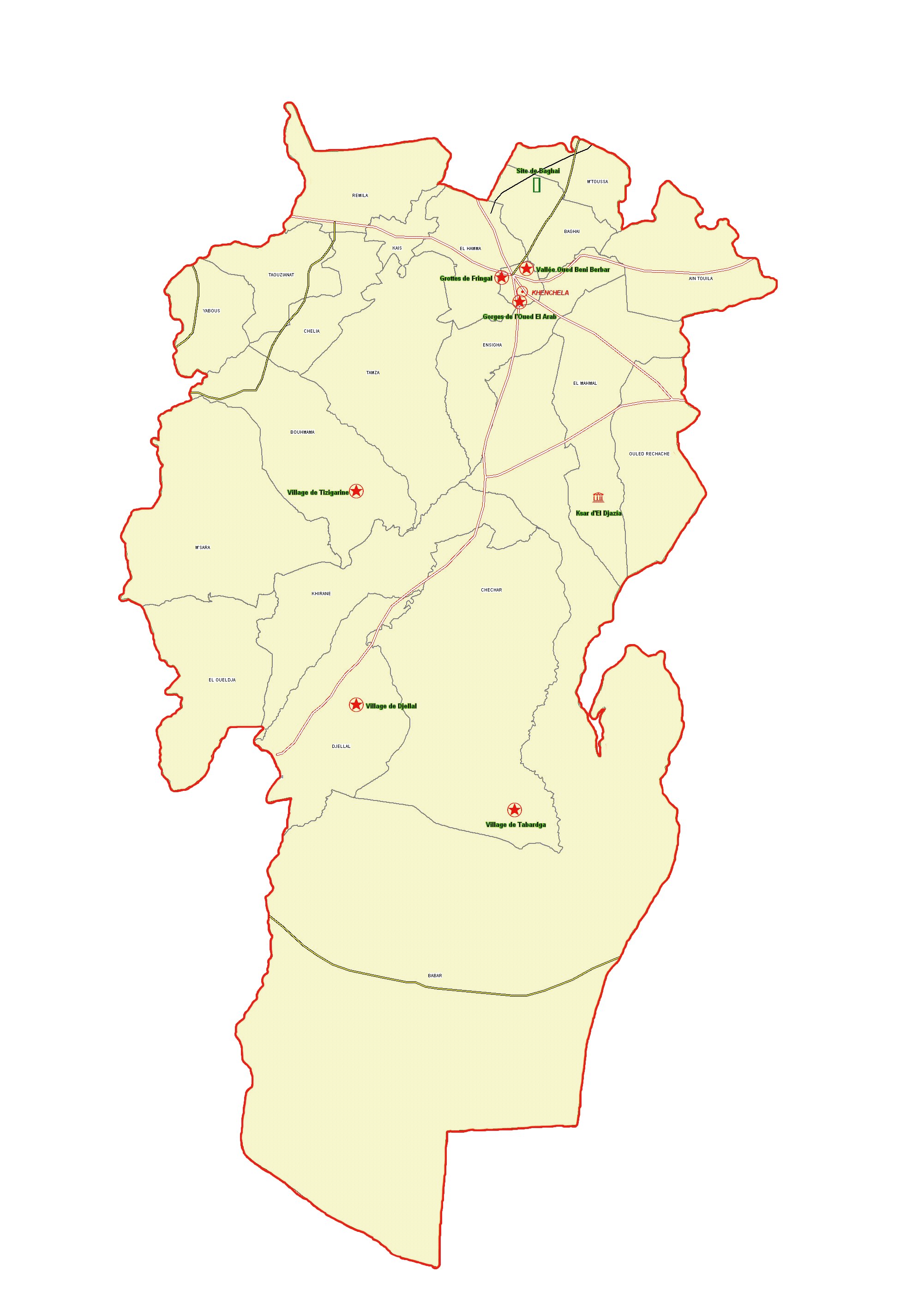 Wilaya de Khenchla : Carte des sites et monuments historiques et patrimoine culturel