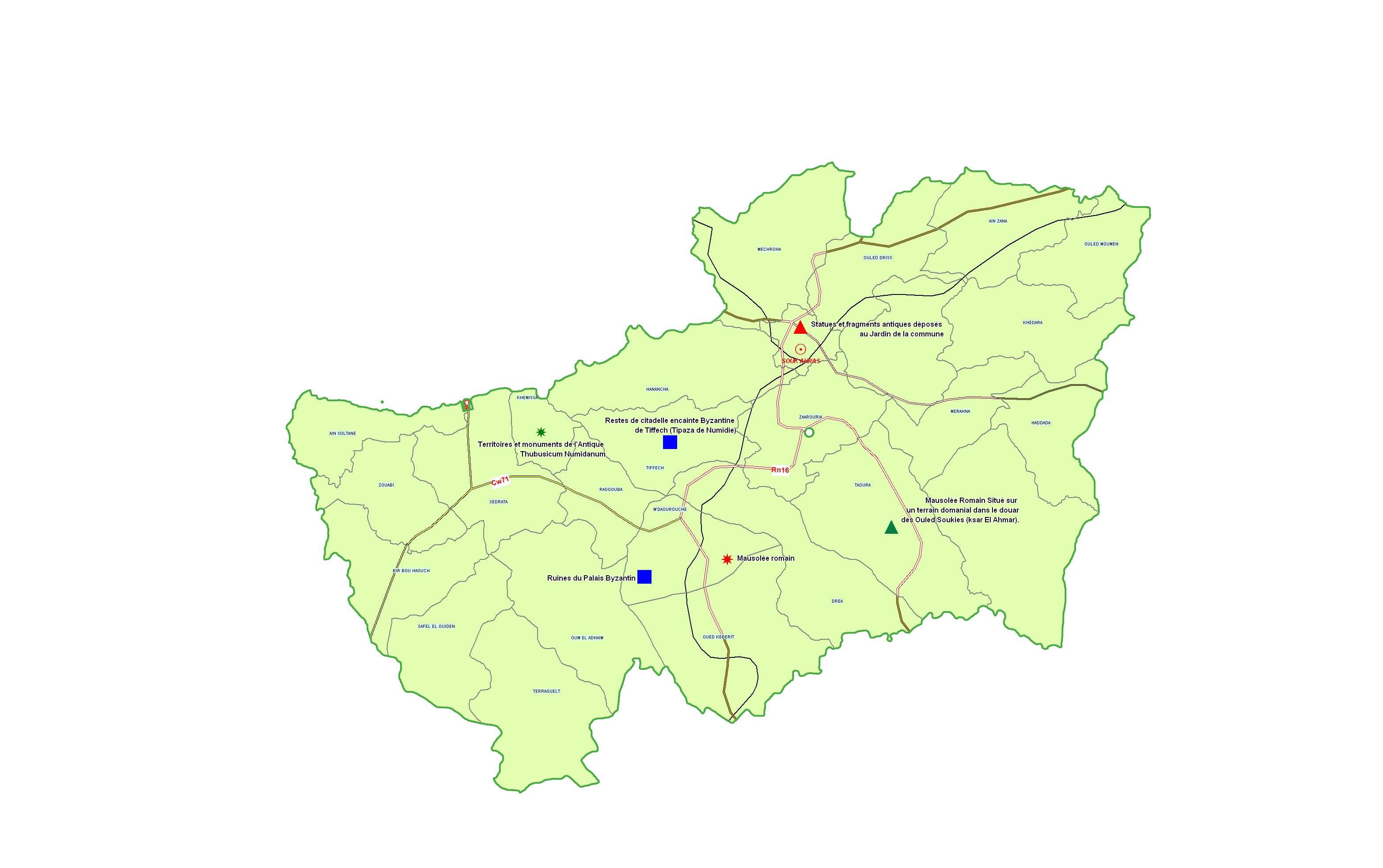 Wilaya de Souk Ahras : Carte des sites et monuments historiques et patrimoine culturel