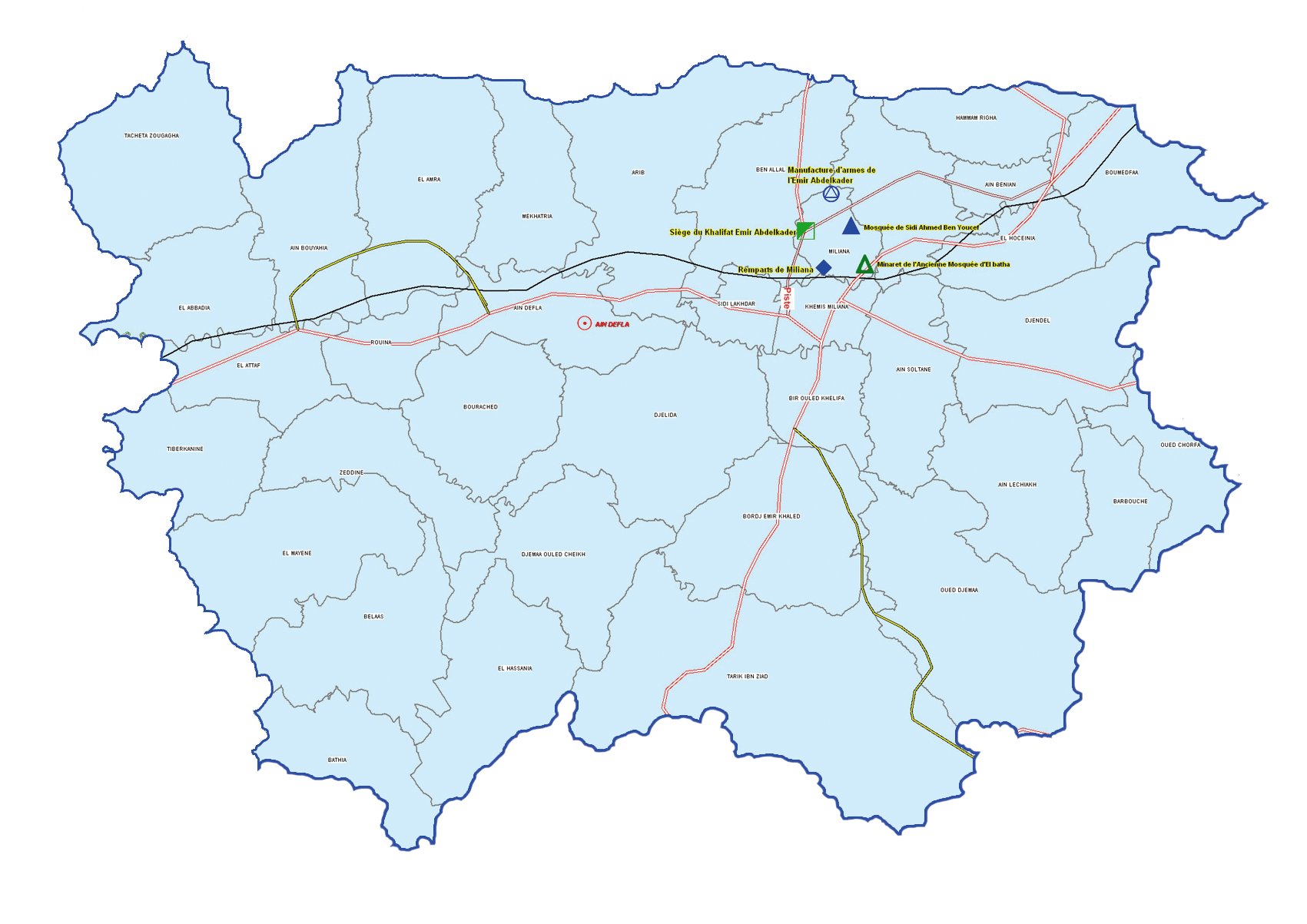 Wilaya de Ain Defla : Carte des sites et monuments historiques et patrimoine culturel