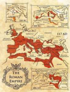 خريطة توضيحية حديثة جداً رُسمت سنة 2019م للإمبرطورية الرومانية من 350 ق.م إلى غاية 486 م
