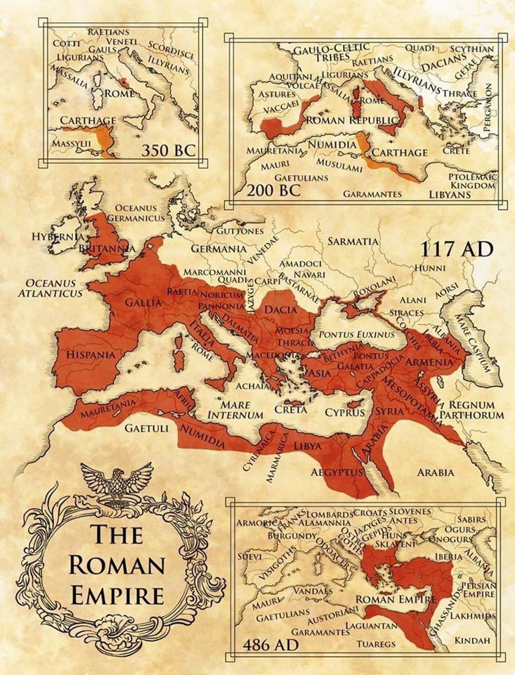 خريطة توضيحية حديثة جداً رُسمت سنة 2019م للإمبرطورية الرومانية من 350 ق.م إلى غاية 486 م