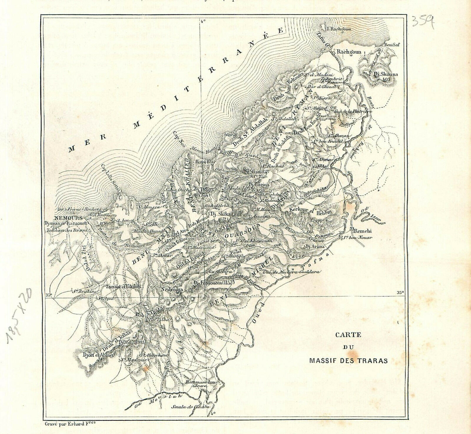 Carte du Massif des Trara Wilayas de Tlemcen Aïn Témouchent Algérie GRAVURE 1889