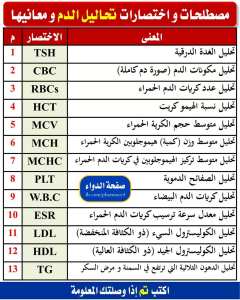 مصطلحات و اختصارات تحاليل الدم و معانيها