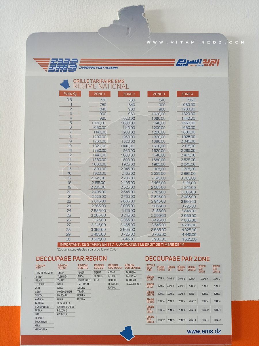 Tarifs EMS National (Courrier Express)