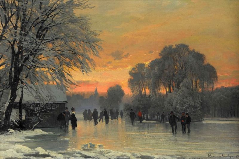 Anders Andersen-Lundby (1840 - 1923), « Plaisir de glace au coucher du soleil » (1883)