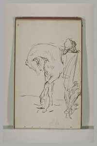 Un arabe vu de dos, devant un cheval