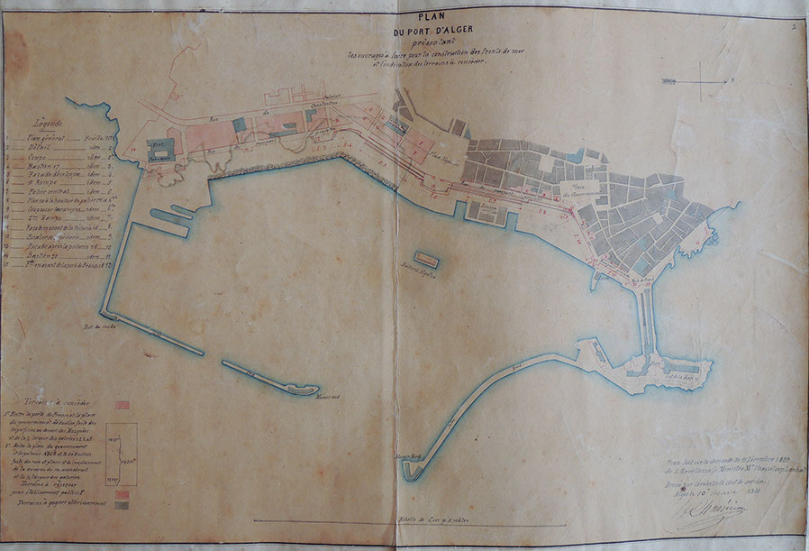 « Plan du port d'Alger présentant les ouvrages à faire pour la construction des fronts de mer et l'indication des terrains à concéder », 1859