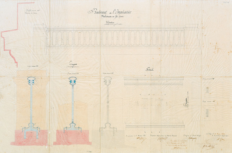 Boulevard de l'Impératrice, balustrade en fer-fonte, élévation, 1863