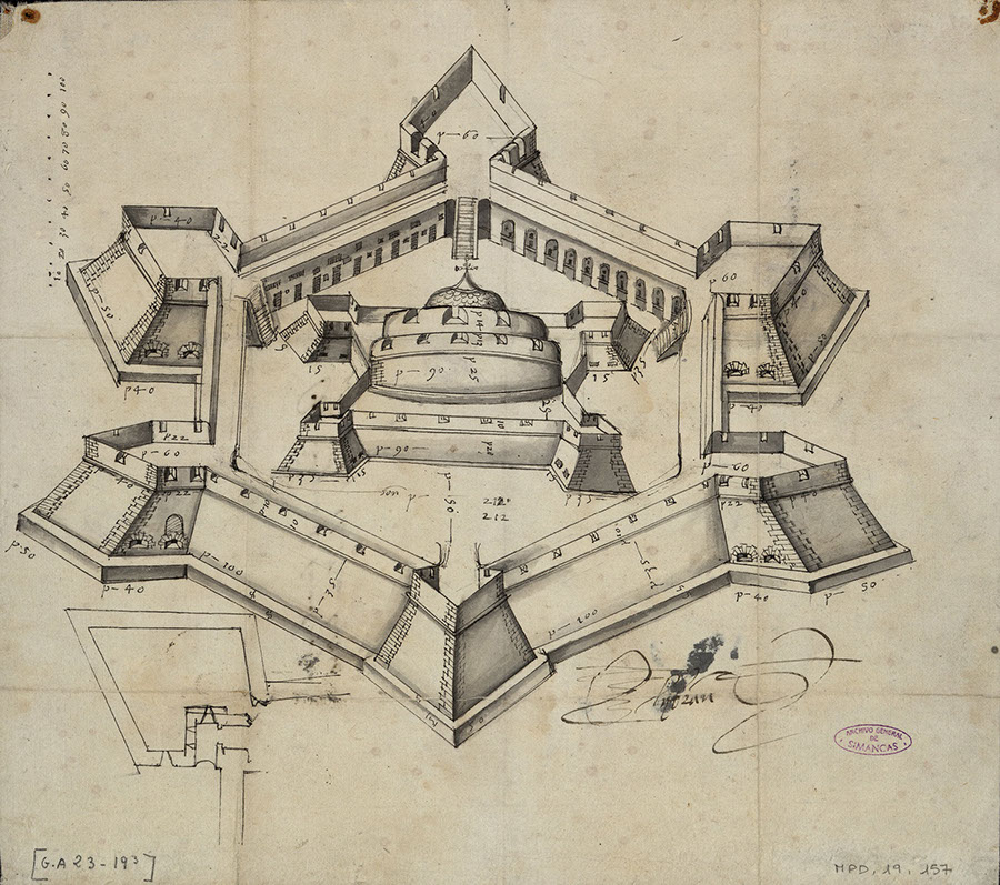 Plan en perspective d’une fortification à six angles, Bejaia 1543