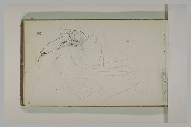 Un arabe assis à terre, la tête appuyée sur la main droite