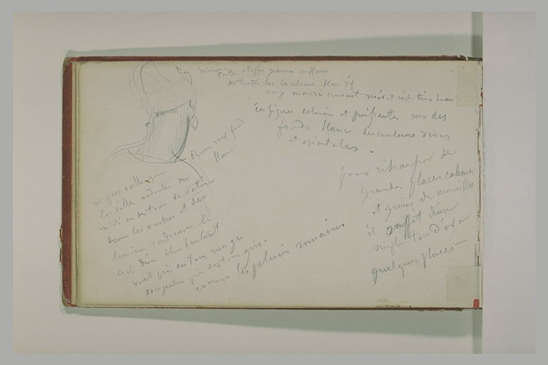 Une tête d'oriental vue de dos et une longue note manuscrite