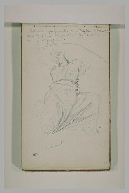 Une femme agenouillée, levant les bras