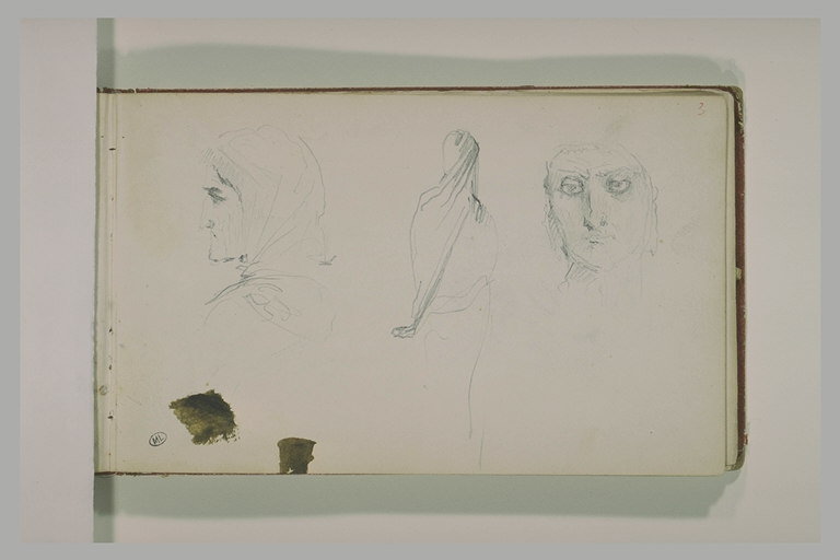 Trois études d'une vieille femme, vue de face, de profil et de dos