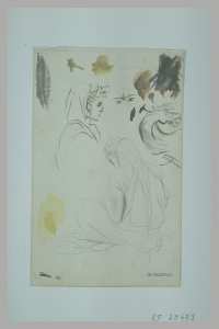 Tête de femme de profil à droite ; femme assise sur le sol, de dos