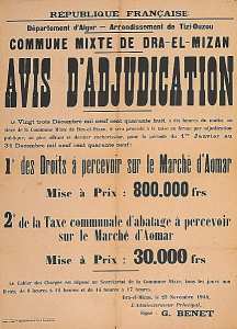 Département d'Alger (') Commune mixte de Dra-el-Mizan. Avis d'adjudication (...)