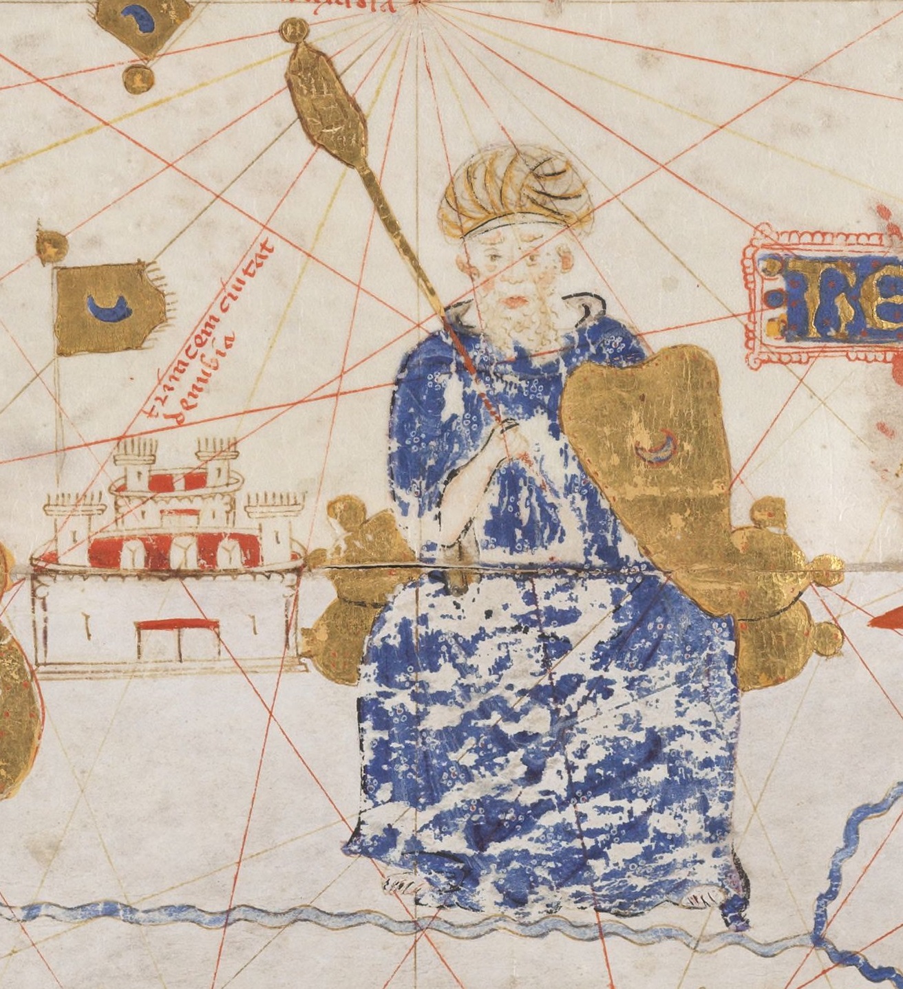 Portrait probable de Yaghmoracen Ibn Ziane sur le portulan de Mecia de Viladestes (pt) (1413, collections de la BnF).