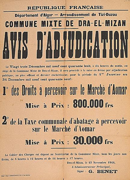 Département d'Alger (') Commune mixte de Dra-el-Mizan. Avis d'adjudication (...)