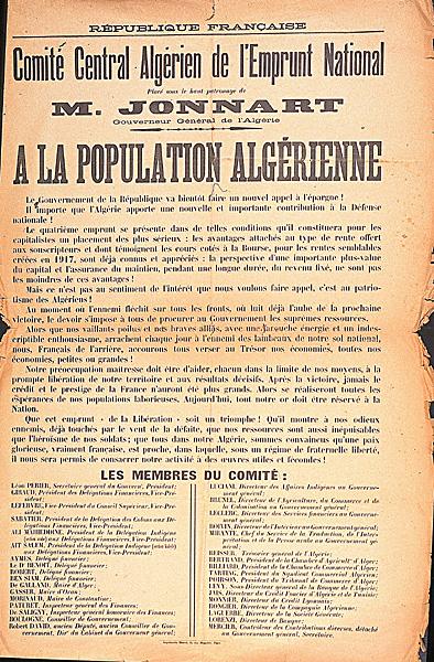 Comité central Algérien de l'emprunt national placé sous le haut patronage de M. Jonnart, gouverneur général de l'Algérie(...) A la population algérienne (...)