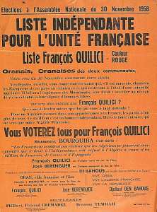 Elections à l'Assemblée Nationale du 30 novembre 1958. Liste indépendante pour l'unité française. Liste François Quilici (...)