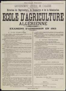 Ecole d'agriculture algérienne. Examens d'admission en 1913.