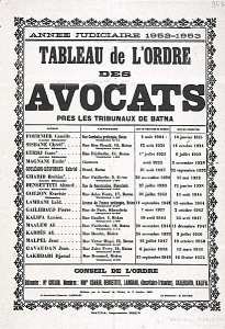 Année judiciaire 1952-1953. Tableau de l'ordre des avocats près les tribunaux de Batna.
