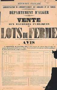 Administration de l'enregistrement, des domaines et du timbre. Département d'Alger. Vente aux enchères publiques de lots de ferme (...)