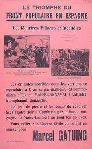 Le triomphe du Front populaire en Espagne (...) Vous éviterez la guerre en votant en masse pour Marcel Gatuing.