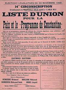 Elections législatives du 30 novembre 1958. 14eme circonscription. (...) liste d'union pour la paix et le programme de Constantine.