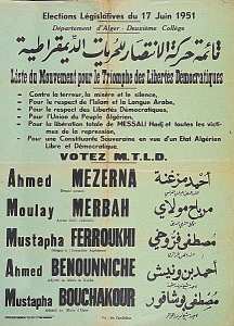Elections législatives du 17 juin 1951. Département d'Alger. Deuxième collège. Liste du mouvement pour le triomphe des libertés démocratiques (')