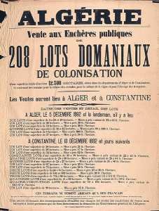 Algérie. Vente aux enchères publiques de 208 lots domaniaux de colonisation (...) dans les départements d'Alger et de Constantine (...)