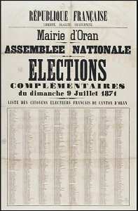 Mairie d'Oran. Assemblée nationale. Elections complémentaires du dimanche 9 juillet 1871. Liste des citoyens électeurs français du canton d'Oran (')