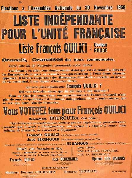 Elections à l'Assemblée Nationale du 30 novembre 1958. Liste indépendante pour l'unité française. Liste François Quilici (...)