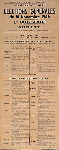 Département d'Oran. Elections générales du 10 novembre 1946. 1er collège. (...)