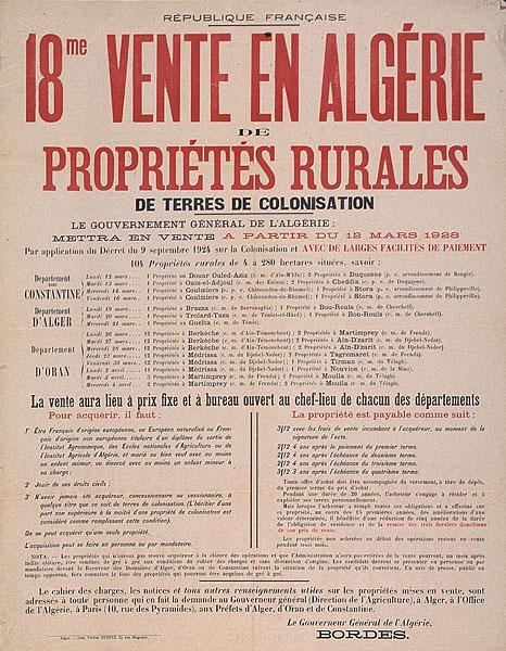18 ème vente en Algérie de propriétés rurales de terres de colonisation (')